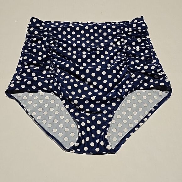Navy and white polka dot high waisted runched side,swim bottom size XL - Picture 1 of 7